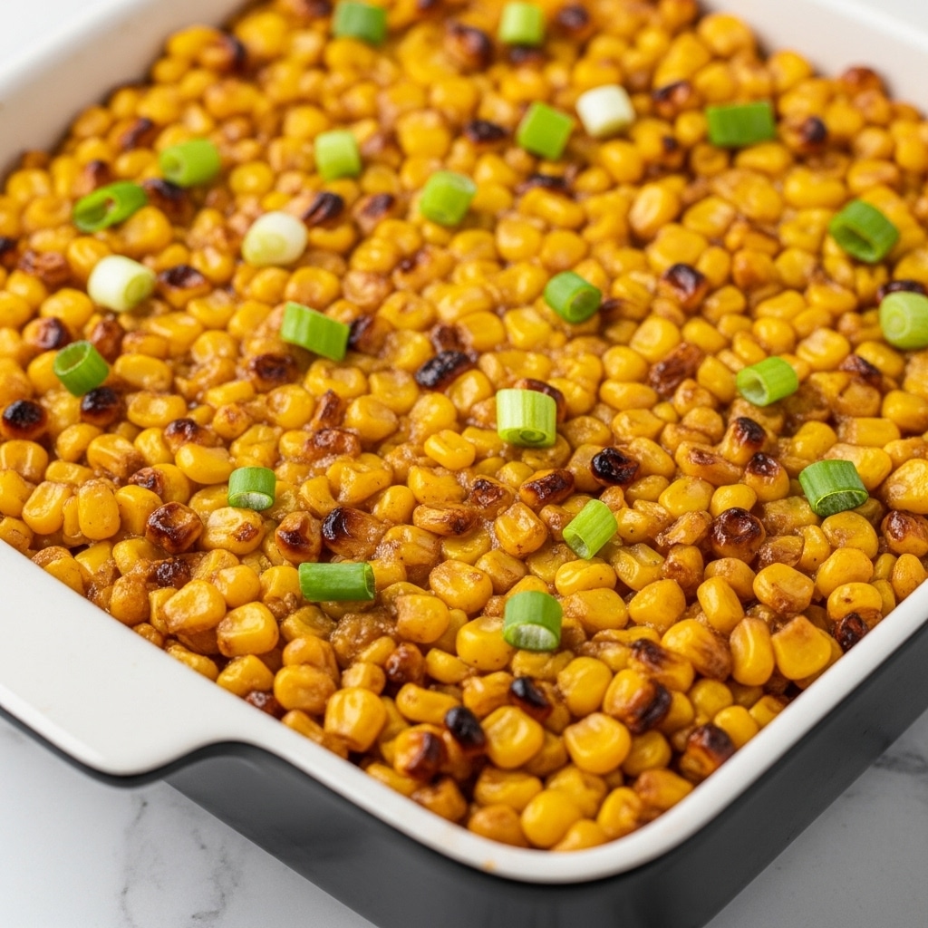 The image shows a close-up of a square baking dish filled with a baked corn dish. The top layer is bright yellow corn kernels, some browned and caramelized, with a glossy and slightly sticky texture. Scattered green onion pieces add a fresh green color contrast. The corn layer is thick, covering the entire surface evenly. The dark-edged white baking dish rests on a surface with a white marbled texture. photo taken with an iphone --ar 4:5 --v 7