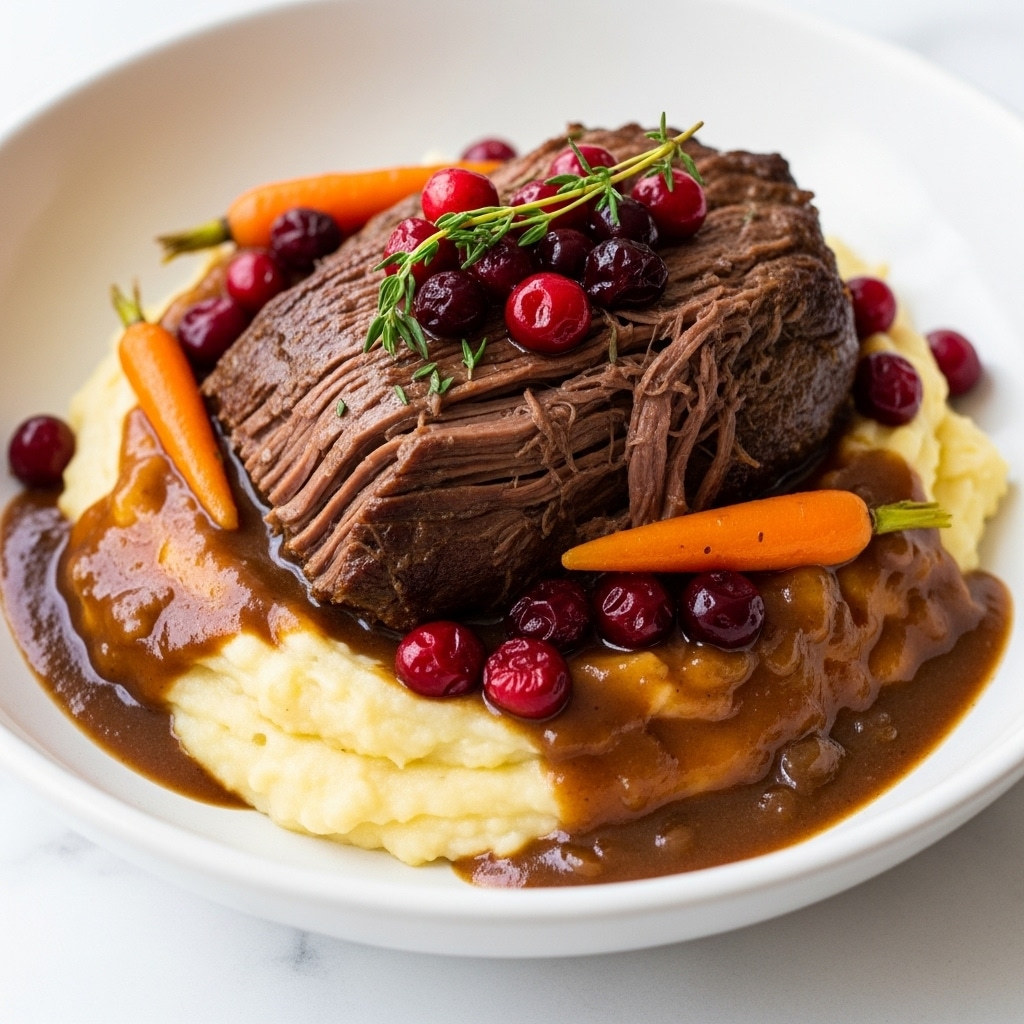 A white bowl holds a layered dish starting with a base of creamy, pale yellow mashed potatoes that look soft and smooth. On top sits a large, dark brown, tender piece of beef with a shiny glaze covering its textured surface. Surrounding the beef and partly resting on the mashed potatoes are several small, round orange carrots. The beef is topped with a glossy, rich red berry sauce with whole cranberries scattered across and garnished with a small sprig of green thyme, adding a fresh color contrast. The whole dish sits on a white marbled background. photo taken with an iphone --ar 4:5 --v 7