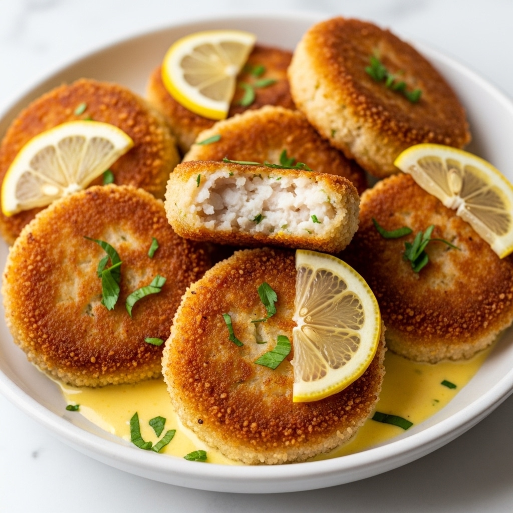 A white bowl holds three thick pieces of crispy, golden brown fried fish with a crunchy crumb coating, one of which is broken open to show tender white fish inside. The fish pieces sit in a light yellow creamy sauce that spreads across the bowl's base. Small green herb flakes are sprinkled on top of the fish and sauce, adding color contrast. Two lemon slices are neatly placed on the edge of the bowl, adding a fresh bright yellow touch. The scene is set on a white marbled surface, and the photo is taken with an iphone --ar 4:5 --v 7