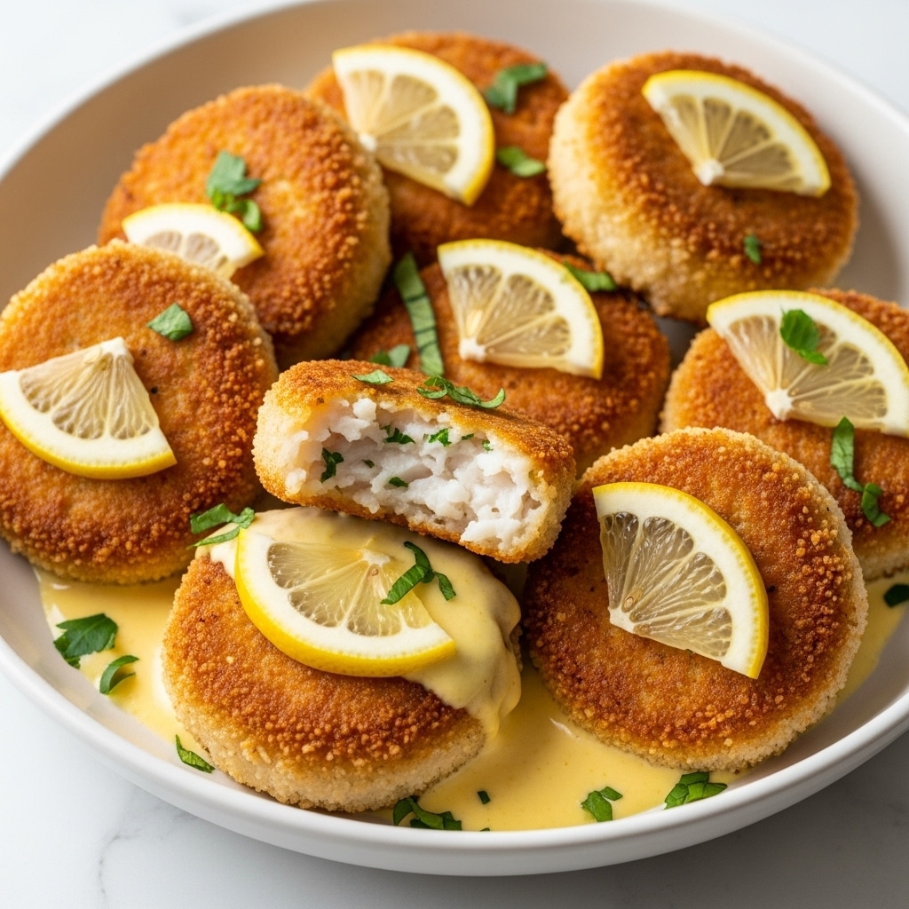 The image shows a shallow white bowl filled with golden-brown crispy fried fish cakes, layered closely together. One fish cake is broken open to reveal a soft, white, flaky inside. Each fish cake is topped with fresh chopped green herbs and thin slices of bright yellow lemon. A creamy yellow sauce is pooled at the base of the bowl, partly covering the bottom edges of the fish cakes. The whole bowl sits on a white marbled surface, and the light reflects softly on the crispy textures. photo taken with an iphone --ar 4:5 --v 7
