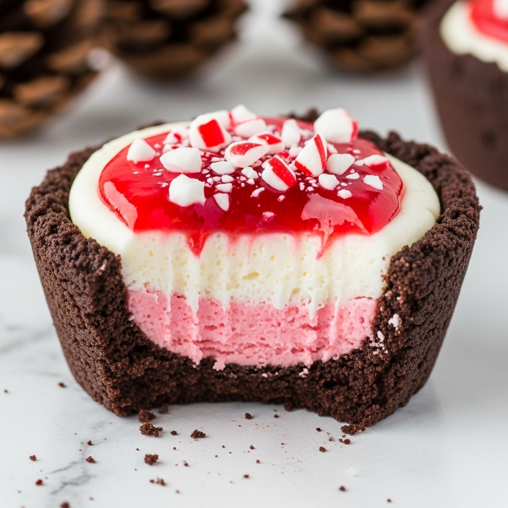 A small dessert cup made of dark chocolate cookie crust forms the base and sides, rough-textured and thick. Inside, there are three visible layers: a smooth, light pink layer at the bottom, a thick white creamy layer in the middle, and a glossy red sauce layer on top. The dessert is topped with small pieces of crushed candy cane, adding white and red specks and a bit of texture. The cup has a bite taken out, showing the creamy layers clearly. The background is a white marbled texture with blurred brown pinecones adding a natural touch. photo taken with an iphone --ar 4:5 --v 7