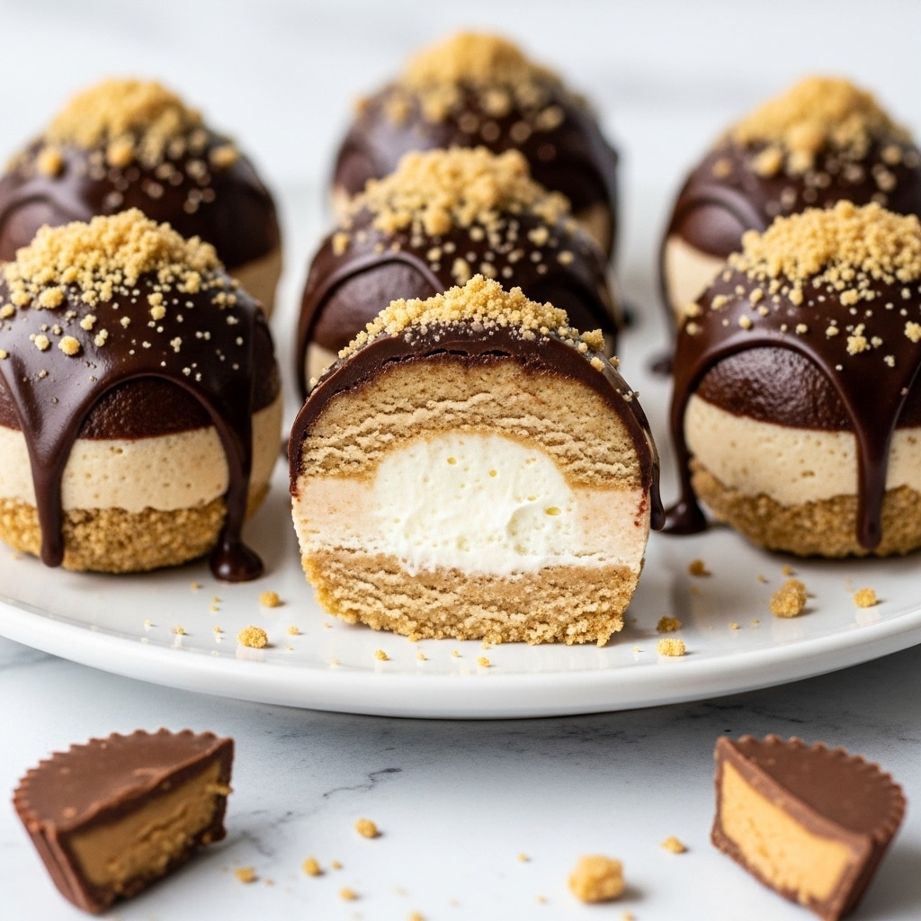 A white plate holds several round dessert balls, each with three main layers: a light beige bottom layer, a thick, dark chocolate middle layer that drips slightly down the sides, and a crumbly tan topping sprinkled over the chocolate part. One ball is cut open, showing a creamy white inner filling in the center, surrounded by the beige bottom layer and coated with shiny dark chocolate and crumb topping on the outside. Small pieces of crushed nuts and a broken peanut butter cup are scattered around the plate, all set against a white marbled textured surface. Photo taken with an iphone --ar 4:5 --v 7