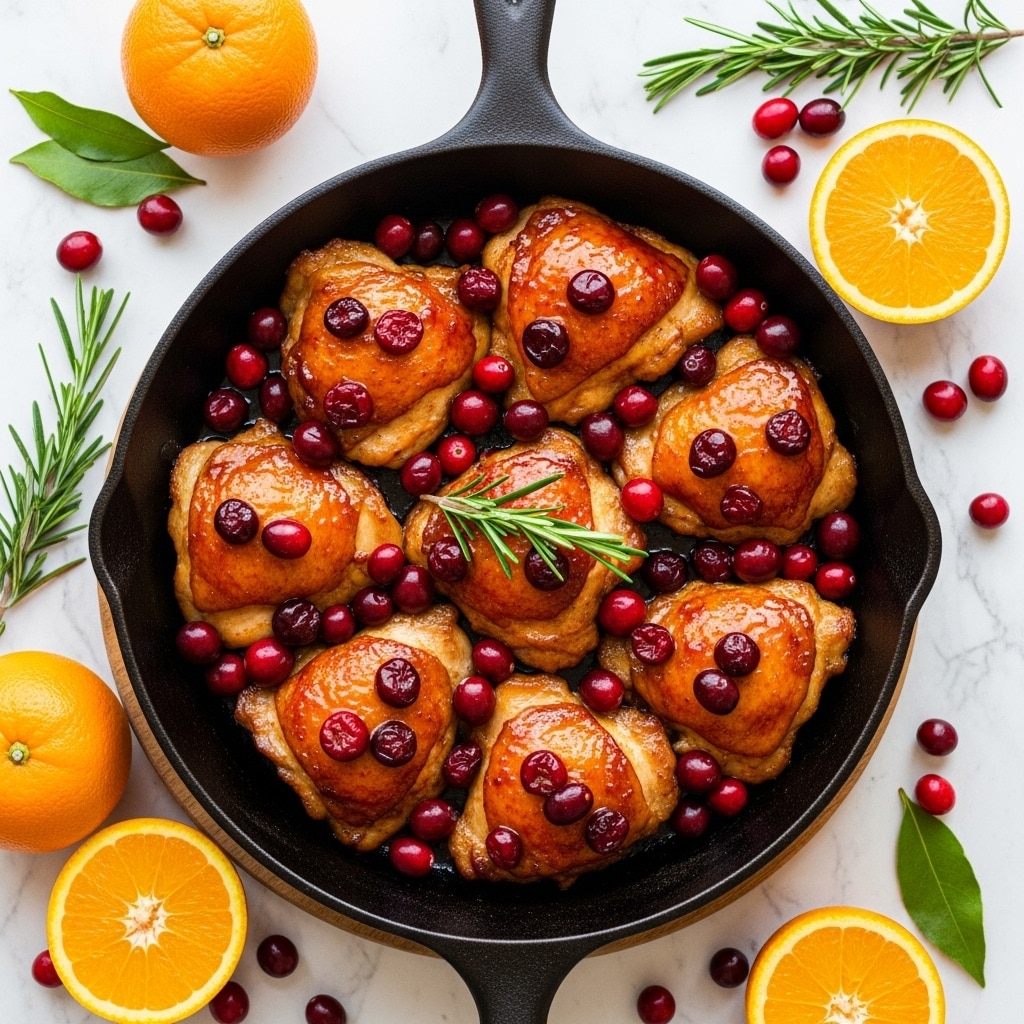 A black cast iron skillet filled with seven pieces of cooked chicken thighs covered in a shiny reddish-brown glaze, scattered with bright red cranberries, some whole and some split open. A fresh green rosemary sprig lies on top near the middle of the skillet. Around the skillet on a wooden surface are more cranberries, whole oranges, and halved oranges with bright orange flesh, along with extra rosemary sprigs. The background is a white marbled texture. photo taken with an iphone --ar 4:5 --v 7