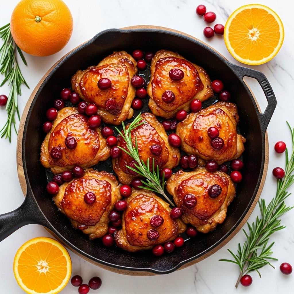 A black pan sits on a white marbled surface, filled with seven pieces of glazed chicken thighs arranged in a circular pattern. Each piece is coated in a glossy, orange-brown sauce. Bright red cranberries are scattered generously over the chicken, adding pops of color and texture. A fresh green rosemary sprig rests on top as garnish. Around the pan, fresh whole and halved oranges and additional rosemary sprigs lie on the white marbled background, adding a fresh, vibrant feel. photo taken with an iphone --ar 4:5 --v 7