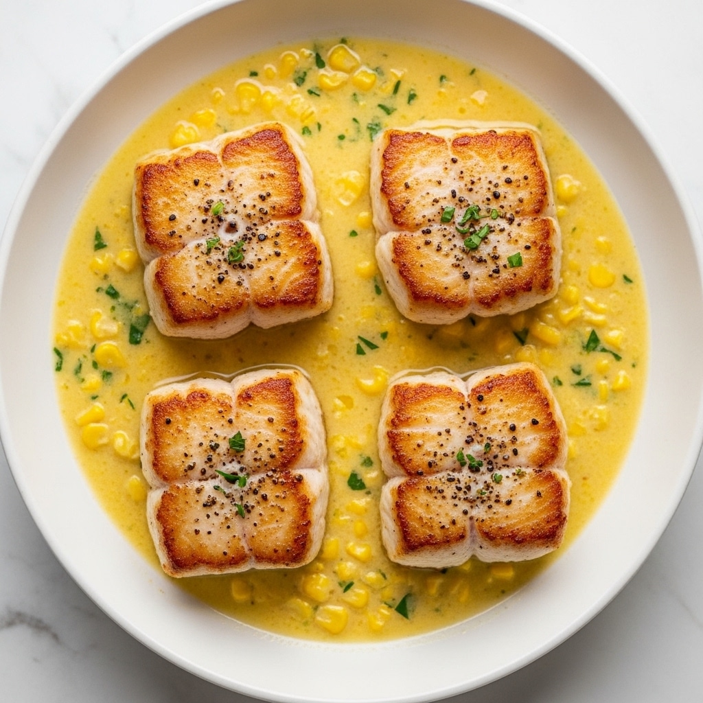 The image shows four pieces of golden-brown seared fish, each piece having a slightly crispy top layer with light black specks of seasoning. The fish pieces are thick and white inside, resting in a creamy yellow sauce with visible small green herb pieces and bits of yellow corn scattered around. All the fish pieces are arranged evenly in a white dish, sitting in the sauce that pools around them. The white marbled texture beneath the dish adds a clean, bright background. photo taken with an iphone --ar 4:5 --v 7