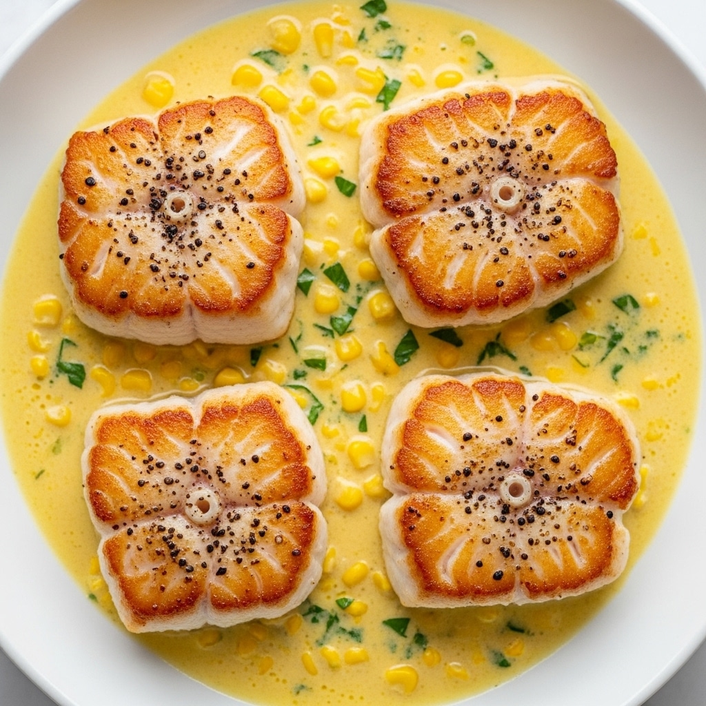 The image shows five thick pieces of seared white fish arranged in a white dish filled with a creamy light yellow sauce. Each piece has a golden-brown crust on top with visible pepper and seasoning, and the fish looks tender and flaky. Small green herb pieces and diced yellow vegetables are scattered both on the fish and in the sauce, which has a smooth texture. The dish is set on a white marbled surface. photo taken with an iphone --ar 4:5 --v 7