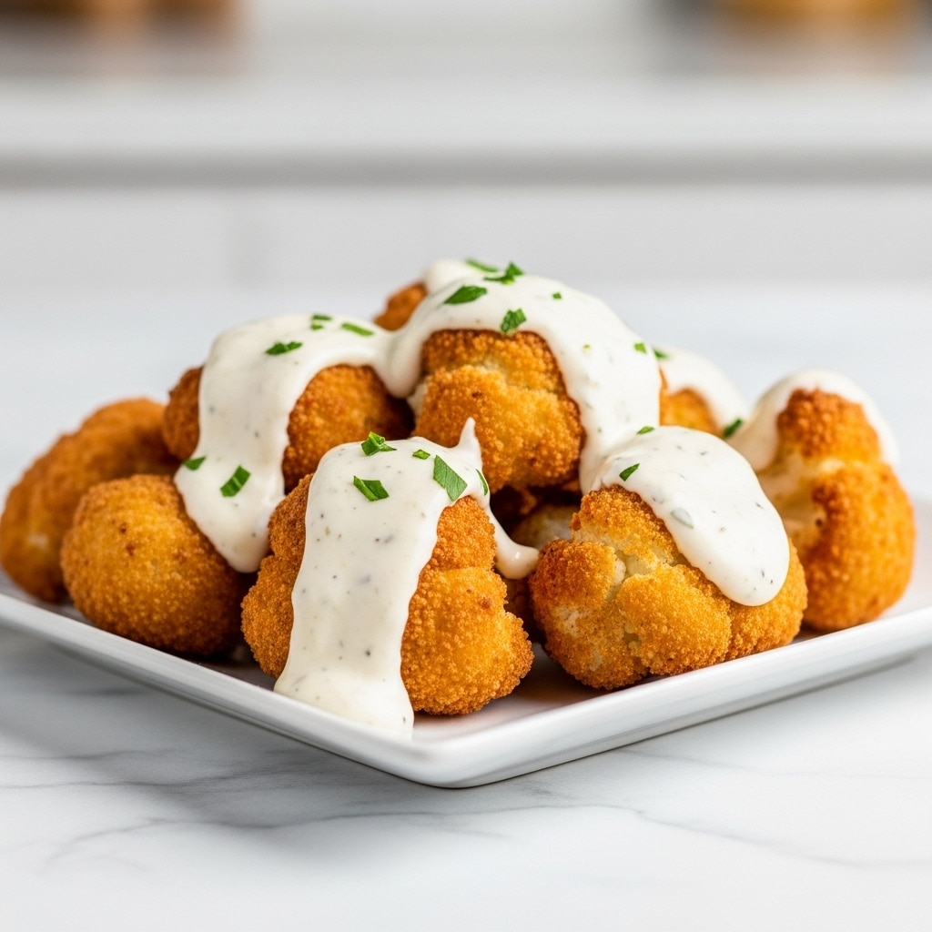 A white square plate is filled with a pile of golden brown fried cauliflower pieces. Each cauliflower piece is crisp and rough in texture with a golden crust. They are covered in a creamy, light yellow sauce that drips slightly down the sides. Small bits of chopped green herbs are sprinkled on top of the cauliflower and sauce, adding a fresh touch of color. The plate is placed on a white marbled surface with a blurred indoor background. photo taken with an iphone --ar 4:5 --v 7