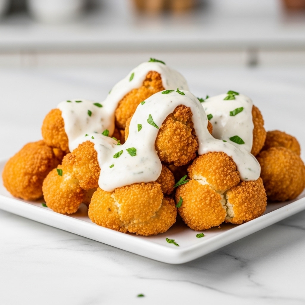 A white square plate holds a pile of golden brown fried cauliflower pieces, each with a crispy texture. The cauliflower is covered with creamy white sauce that has a smooth texture and specks of green herbs scattered over it. The background is a white marbled surface with a soft, blurred kitchen setting. Photo taken with an iphone --ar 4:5 --v 7
