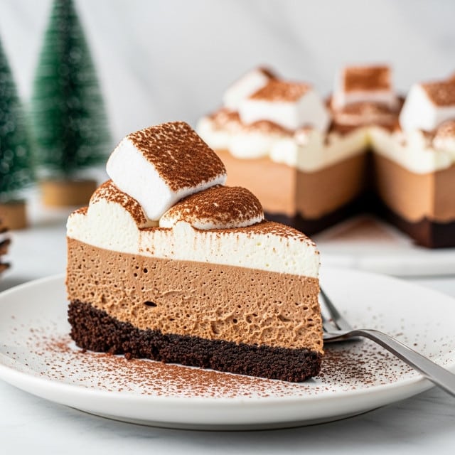 A slice of chocolate mousse cake sits on a white plate with a fine dusting of cocoa powder around it. The cake has three layers: a dark, crumbly chocolate base at the bottom, a thick, airy medium brown chocolate mousse layer in the middle, and a smooth, white whipped cream topping. Two large, square marshmallows covered with cocoa powder rest on the cake—one on top and one leaning beside it on the plate. A silver fork lies on the right side of the plate, and the background shows soft, blurred green pine trees on a white marbled surface. photo taken with an iphone --ar 4:5 --v 7
