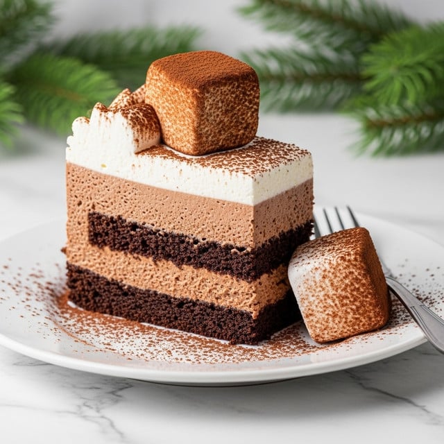 A slice of chocolate mousse cake sits center on a white plate with a crumbly dark chocolate crust as the bottom layer, a thick middle layer of smooth light brown chocolate mousse, and a top layer of fluffy white cream. On top of the cream, two large, square marshmallows dusted with cocoa powder rest, one leaning on the other. Cocoa powder is sprinkled around the cake and on the plate. A metal fork lies to the right side of the slice, and a blurred piece of cake and green small pine trees appear softly in the white marbled background. Photo taken with an iphone --ar 4:5 --v 7