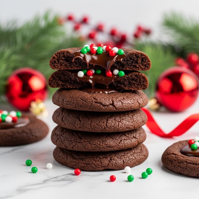 A stack of five thick, round dark chocolate cookies sits on a white marbled surface. The top cookie has a glossy, melted chocolate center that is slightly bitten into, showing a soft, rich inside. Small red, green, and white round sprinkles decorate the melted chocolate area on the top cookie. In the background, there are blurred red Christmas ornaments and a small green pine tree. A red velvet ribbon is partially visible in the front left corner. Photo taken with an iphone --ar 4:5 --v 7