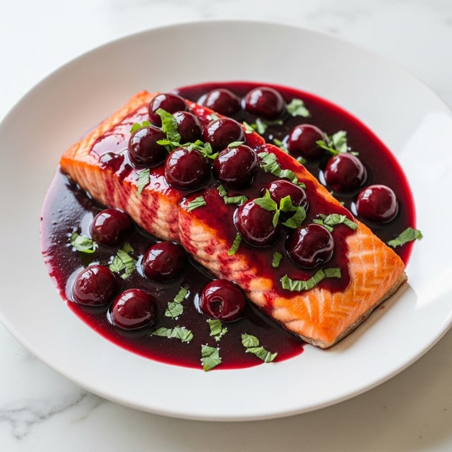 A close-up photo of a white plate filled with two thick, golden-brown salmon fillets covered in a dark, glossy sauce with whole cherries and small green herb leaves scattered on top. The sauce is rich and shiny with a deep red color and a slightly sticky texture. The salmon looks tender with a crispy outer layer and is placed on a flat white plate centered in the image. The background is a white marbled surface, giving a clean and bright look. Photo taken with an iphone --ar 4:5 --v 7