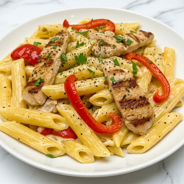 A close-up of a bowl filled with creamy pasta, featuring short tube-shaped penne coated in a rich, smooth sauce with a light beige color. Mixed throughout are small pieces of roasted red peppers, soft and slightly wrinkled, adding a splash of deep red color. Bits of fresh green herbs are scattered on top, providing a bright contrast. The pasta texture appears tender and well-cooked, with some sauce clinging to the edges of each tube. The bowl is white, set on a white marbled surface that softly reflects light. photo taken with an iphone --ar 4:5 --v 7