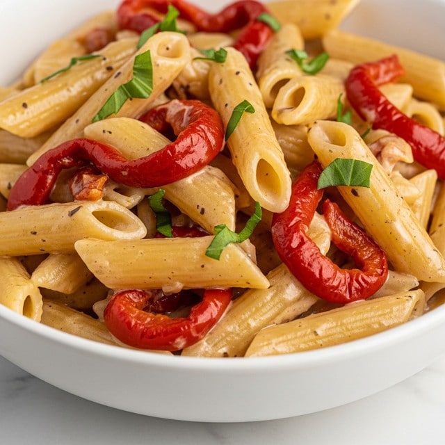 This close-up image shows a plate of creamy penne pasta covered in a smooth, light yellow sauce. The pasta pieces are well-coated, with visible specks of black pepper and garnished with small bits of green herbs on top. There are slices of browned grilled chicken mixed throughout, and roasted red pepper pieces add bright pops of red color. The dish is presented on a white plate resting on a white marbled surface, and the lighting highlights the glossy texture of the sauce. Photo taken with an iphone --ar 4:5 --v 7