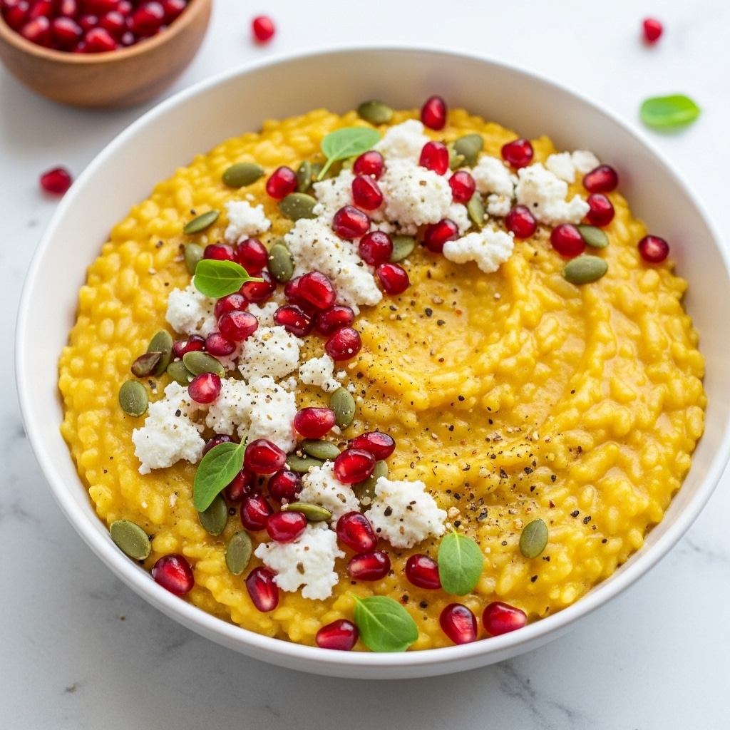 A wooden bowl filled with creamy yellow risotto, the grains thick and glossy, takes up most of the image. On top of the risotto are soft white dollops of ricotta cheese scattered around, with bright red pomegranate seeds and green pumpkin seeds adding pops of color. Small green herb leaves and a light dusting of reddish spice are sprinkled over the dish, creating texture and color contrast. The bowl sits on a white marbled surface with some herbs and a small bowl of pomegranate seeds visible blurred in the background. Photo taken with an iphone --ar 4:5 --v 7