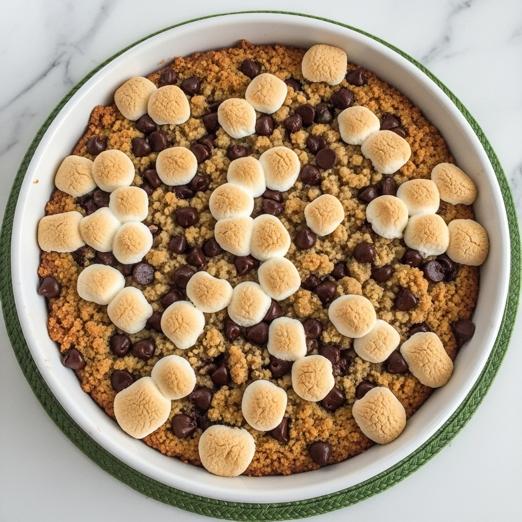 A white ceramic dish filled with a baked s'mores dessert is placed on a green woven mat over a white marbled surface. The top layer is golden brown with toasted marshmallows puffed up and slightly melted, mixed with scattered dark brown chocolate chips. The crumbly, crunchy layer is uneven with melted chocolate peeking through the gaps. The edges of the dessert are slightly darker and crispier than the center, creating a warm and inviting baked look. photo taken with an iphone --ar 4:5 --v 7