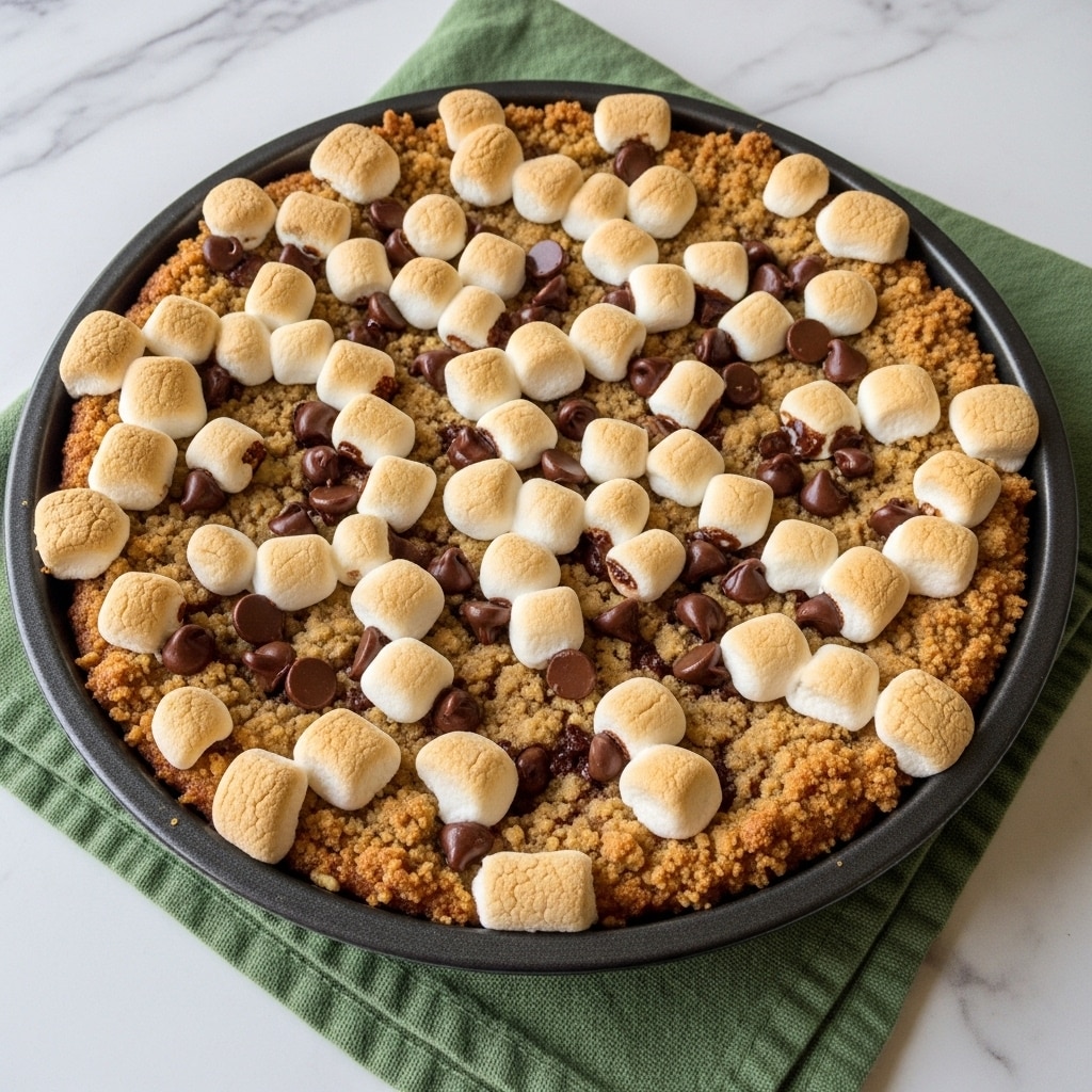 A round baked s'mores dessert in a black pan sits on a green cloth over a white marbled surface. The top layer is golden brown and crumbly with toasted marshmallows that are soft and slightly melted, mixed with melted and solid milk chocolate chips scattered unevenly. The base beneath the topping is not fully visible but looks thick and moist. The overall look is warm and gooey with varied textures from crunchy to soft. Photo taken with an iphone --ar 4:5 --v 7