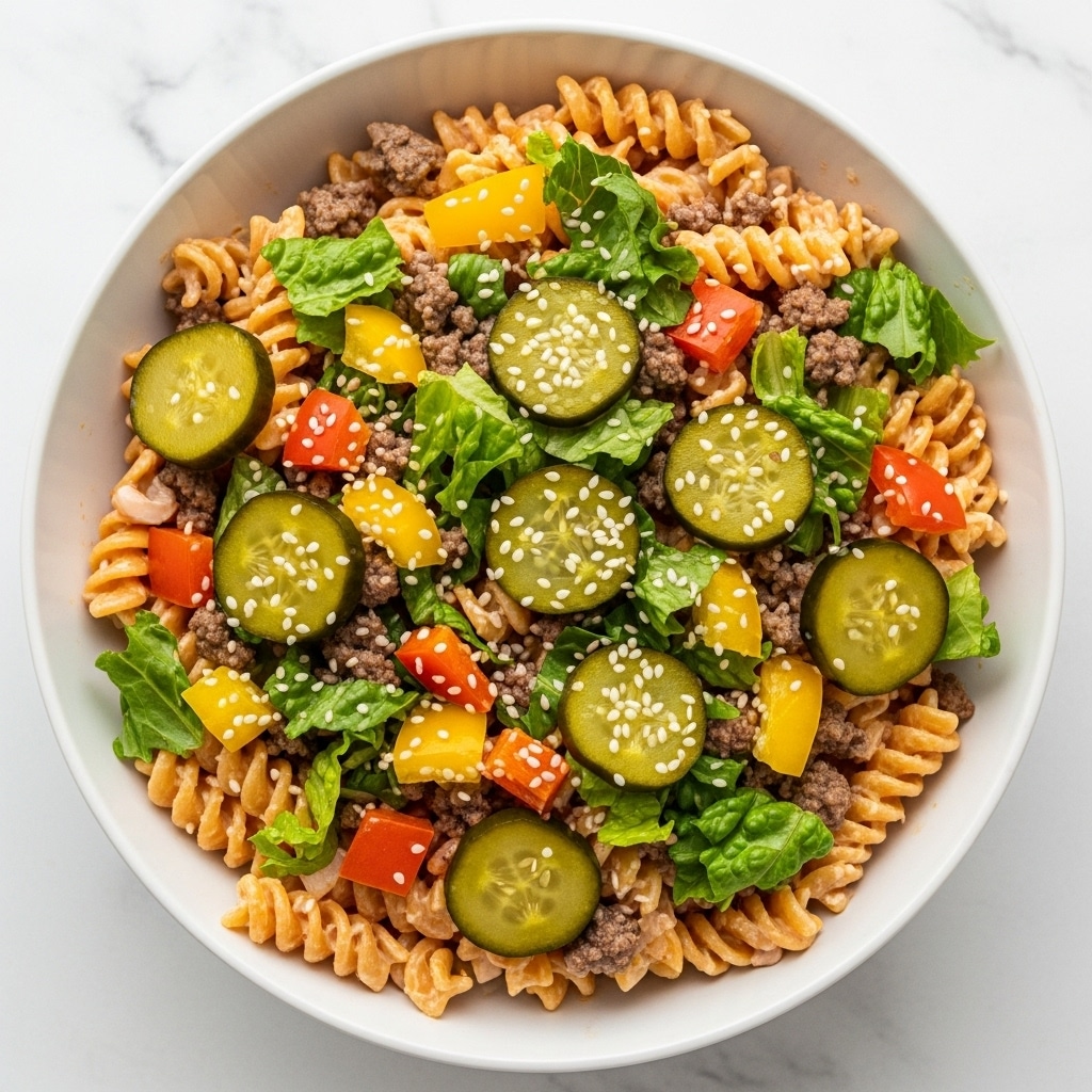 The image shows a white bowl filled with a colorful cold pasta salad. The base layer is made up of light orange rotini pasta with a creamy texture. Mixed throughout are small pieces of cooked ground beef, adding a brown, crumbly layer. Scattered over the pasta and beef are fresh green lettuce leaves and chunks of bright yellow and orange bell peppers, creating a crisp and fresh contrast. Round slices of green pickles with darker edges are placed on top, sprinkled with white sesame seeds that add small dot details. All ingredients mix together with a light creamy dressing visible on the pasta and vegetables. The bowl sits on a white marbled surface, enhancing the dish's vibrant colors. Photo taken with an iphone --ar 4:5 --v 7