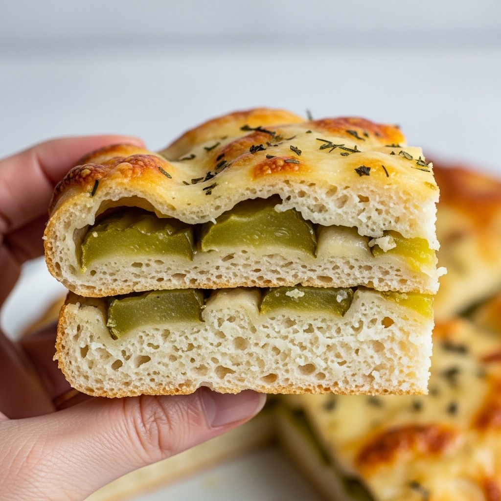 A close-up of a slice of food held by a woman's hand showing three visible layers: a slightly browned melted cheese top layer with small herbs sprinkled, a middle layer of green pickles or peppers visible through the edges, and a creamy white thick base layer at the bottom that looks soft and slightly textured, all resting on a light background with partial view of more pieces behind. photo taken with an iphone --ar 4:5 --v 7
