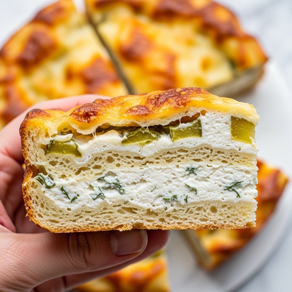 A close-up view of a slice of cheesy baked dish held by a woman's hand, showing three visible layers: a light brown crispy crust as the base, a thick white creamy layer with small green herb flecks in the middle, and a golden browned cheese layer on top with bubbly texture and caramelized spots. The slice has some pieces of green vegetable embedded in the middle layer. The background shows more slices of the same dish on a white marbled texture. photo taken with an iphone --ar 4:5 --v 7