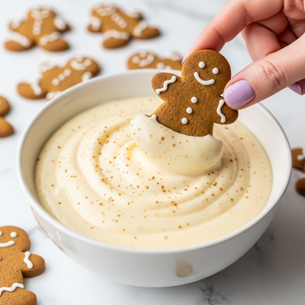 A close-up of a white bowl filled with smooth, creamy vanilla pudding sprinkled lightly with nutmeg on top. A gingerbread cookie shaped like a smiling man is being dipped into the pudding by a woman's hand with light purple-painted nails. The cookie has visible details like eyes, mouth, and buttons. Behind the bowl, more gingerbread cookies lie scattered on a white marbled surface. The scene is warm and inviting, showing textures of soft pudding and crunchy gingerbread. photo taken with an iphone --ar 4:5 --v 7