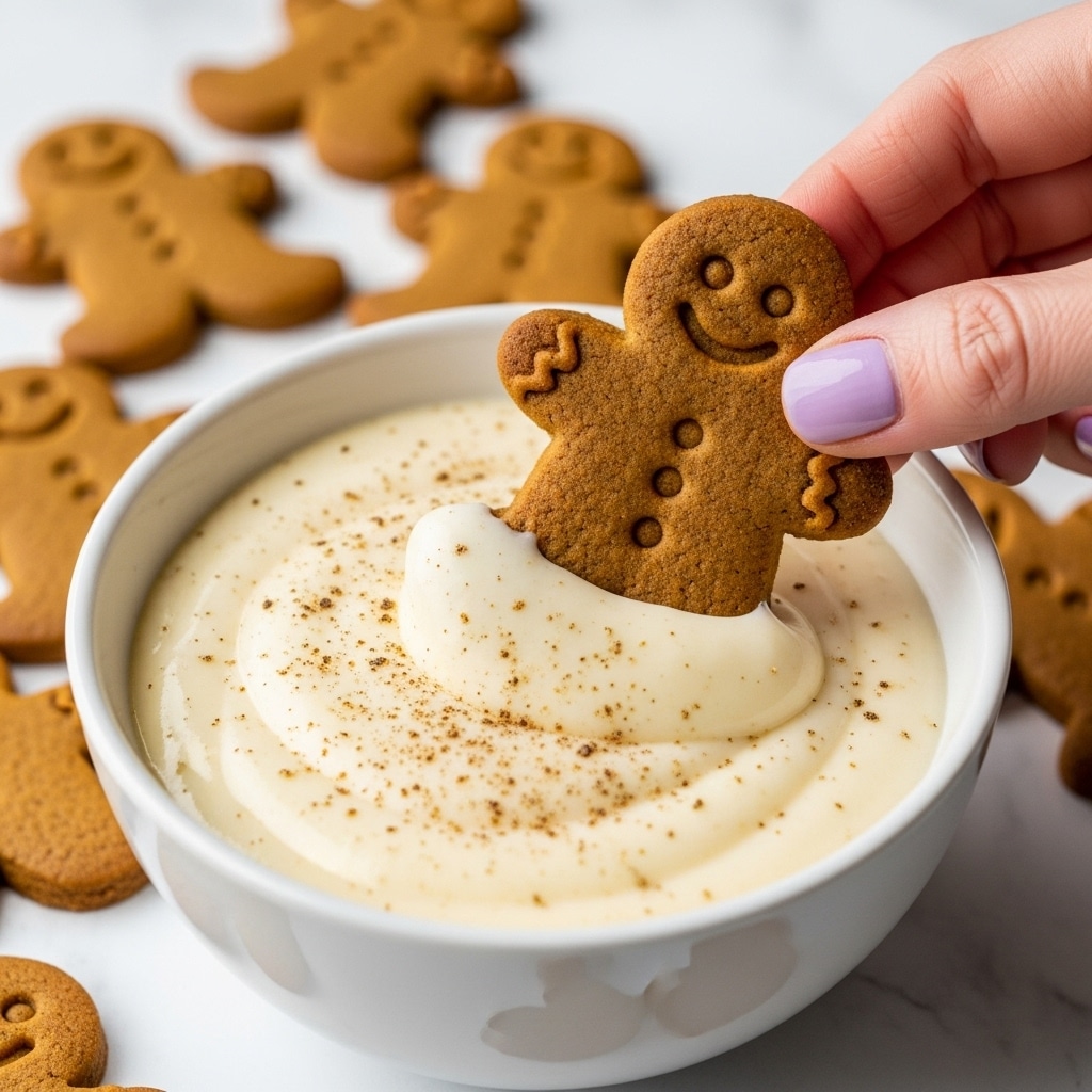 A close-up image shows a white bowl filled with smooth, creamy, pale yellow pudding with tiny specks of brown on top. A gingerbread man cookie with a smiling face and simple decorations is being held by a woman's hand with light purple nail polish and dipped into the pudding. More gingerbread cookies lie scattered on a white marbled surface in the blurred background. The bowl is placed on a white marbled texture. photo taken with an iphone --ar 4:5 --v 7