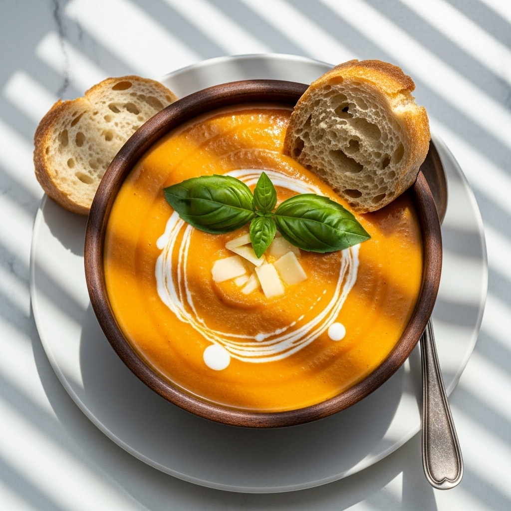A bowl filled with thick, smooth orange soup is shown, with a swirl of white cream on top, garnished with two fresh green basil leaves and small thin pale cheese slices placed in the center. The bowl is rustic brown, sitting on a white plate, and there are two pieces of crusty bread, one resting on the edge of the bowl and the other on the plate. The scene is set on a white marbled surface with sunlight casting striped shadows. Photo taken with an iphone --ar 4:5 --v 7