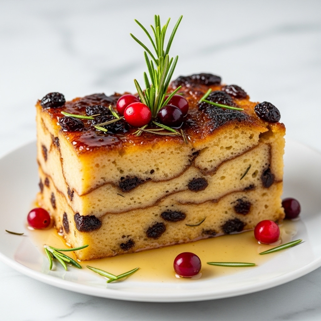 A close-up of a thick slice of bread pudding sitting on a white plate, showing three visible layers: a bottom dense creamy layer with a light yellow color, a middle layer filled with soft bread pieces soaked in custard with a golden tone, and a top layer caramelized to a deep brown with some crispy edges. The pudding is decorated with glossy red cranberries scattered on and around it, and fresh green herb sprigs placed on top. The surface beneath the plate has a white marbled texture. photo taken with an iphone --ar 4:5 --v 7