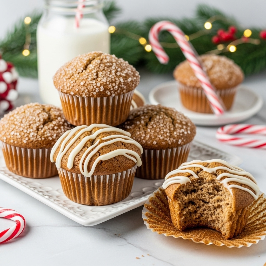 A group of six golden brown muffins sits on a white square plate with slight embossing, placed on a white marbled surface. Two muffins are topped with coarse sugar crystals that sparkle, while one muffin in front is decorated with thick white icing drizzles. Another muffin is turned upside down with a bitten top, revealing its soft, airy, light brown inside and a thick layer of white icing on top edges. In the background, there is a glass jar filled with milk and faintly blurred Christmas decorations, including a candy cane and green pine branches with small warm lights. Photo taken with an iphone --ar 4:5 --v 7