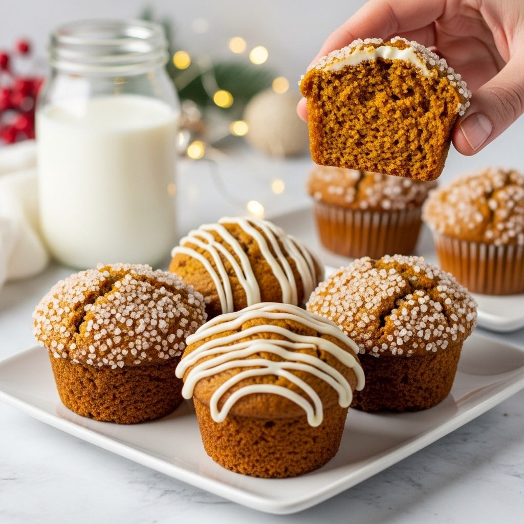 A white square plate holds five pumpkin muffins. Three muffins have coarse sugar crystals on top, showing a rough, sparkling golden-brown surface. One muffin is fully covered with white icing drizzled in thin lines across its rounded top. Another muffin, cut in half and held above the plate by a woman's hand, reveals a soft, moist orange-brown crumb inside with some icing on the top edge. In the background, a glass jar of milk sits on a white marbled surface with blurred Christmas decorations and warm fairy lights adding a festive touch. photo taken with an iphone --ar 4:5 --v 7