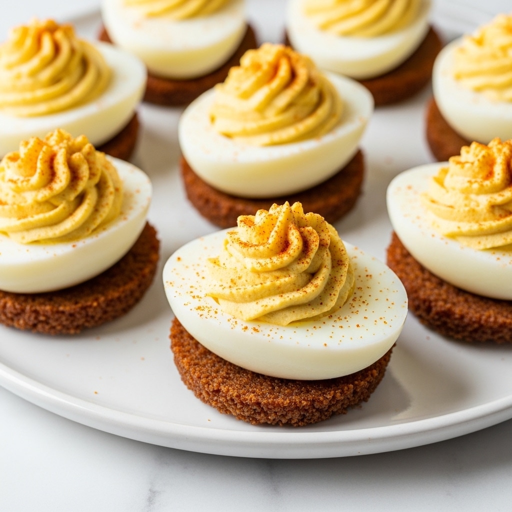 The image shows several deviled eggs placed on top of round, crispy brown bases on a white plate. Each deviled egg has a smooth white outer layer and a creamy, light yellow filling in the center. The filling is slightly textured and topped with a small sprinkle of reddish-orange seasoning. The plate sits on a white marbled surface, and the eggs are arranged closely together in a neat pattern. Photo taken with an iphone --ar 4:5 --v 7