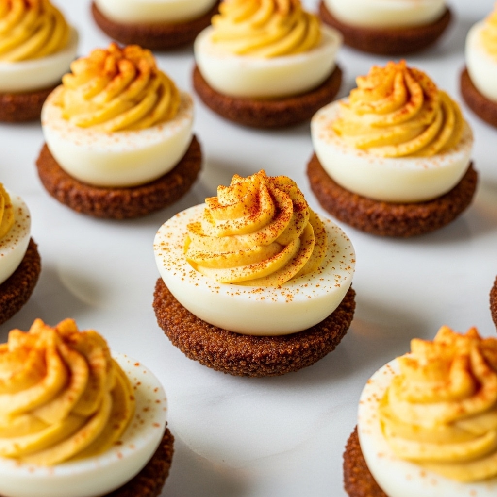 The image shows multiple deviled eggs arranged on a white marbled surface, each consisting of three visible layers: the base is a round, crispy, brown layer with a rough texture, topped with a smooth white egg half, and filled with a creamy, light yellowish-orange filling that is sprinkled with a dusting of reddish seasoning on top. The eggs are evenly spaced, highlighting their detailed textures and colors. Photo taken with an iphone --ar 4:5 --v 7