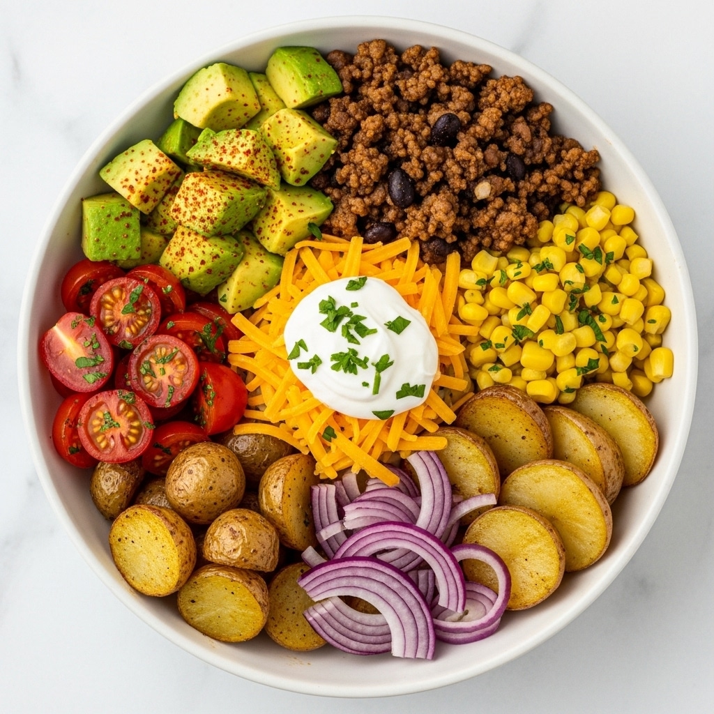 A white bowl filled with layers of colorful food arranged in sections. Starting from the top, there are chunky green pieces of avocado sprinkled with red seasoning, to the right a mix of cooked ground meat with black beans, below it bright yellow corn with bits of green parsley, next to it halved red cherry tomatoes with green herbs, then golden brown roasted baby potatoes, thin slices of red onion, and golden roasted potato slices. In the center, there is a mound of shredded orange cheddar cheese topped with a dollop of white sour cream and chopped green herbs. The bowl sits on a white marbled surface. photo taken with an iphone --ar 4:5 --v 7