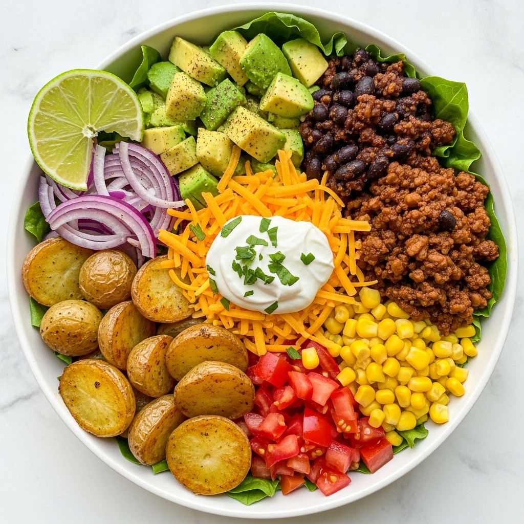 A white bowl filled with layers of different colorful foods arranged in sections on a bed of green lettuce. The layers include golden roasted baby potato halves at the bottom left, crispy round golden potatoes next to them, thin slices of purple onion above the roasted potatoes, diced creamy avocado seasoned lightly near the top center, a generous pile of shredded bright orange cheddar cheese in the center topped with a dollop of smooth white sour cream sprinkled with fresh green chopped herbs. To the right, there is a rich brown mixture of cooked ground meat with black beans, surrounded by bright yellow corn kernels and chopped juicy red tomatoes. A slice of green lime rests on the top left side. The bowl is set on a white marbled surface. Photo taken with an iphone --ar 4:5 --v 7