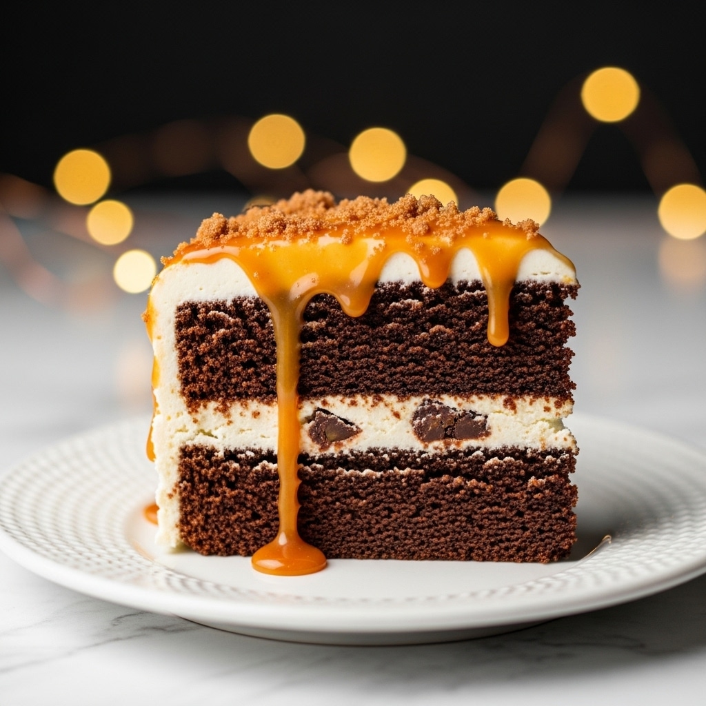 A slice of rich brown cake with visible small bits inside shows two thick layers separated by smooth white frosting. The top is coated with thick white frosting dripping down the sides, covered with an amber caramel drizzle and sprinkled with a crumbly brown topping. The cake slice sits on a textured white plate placed on a white marbled surface with warm, softly blurred lights in the background. photo taken with an iphone --ar 4:5 --v 7
