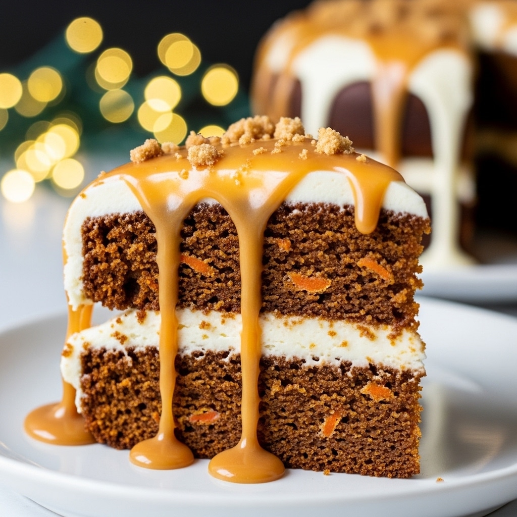 A close-up of a two-layer moist carrot cake slice on a white plate. The cake layers are dark orange-brown with a soft, crumbly texture and small carrot bits inside. Between the layers, there is a thick, smooth white cream cheese frosting. The top of the cake is covered with more cream cheese frosting that drips down the sides, mixed with a light brown caramel sauce flowing over it. There are small crumbly bits sprinkled on top of the frosting. The background has blurred yellow and green lights, adding a warm, festive feel. Photo taken with an iphone --ar 4:5 --v 7