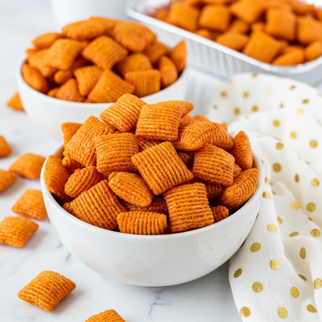 A close-up of two white bowls filled with orange-brown crispy snack pieces that have a shiny, crunchy texture. The snack pieces are small, ridged, and vary slightly in size and shape, piled high inside the bowls. Some snack pieces are scattered around the bowls on a white marbled surface, and a white cloth with gold dots lies partially visible near one bowl. In the background, a foil tray also holds more of the same snack. The overall scene feels bright and clean. photo taken with an iphone --ar 4:5 --v 7