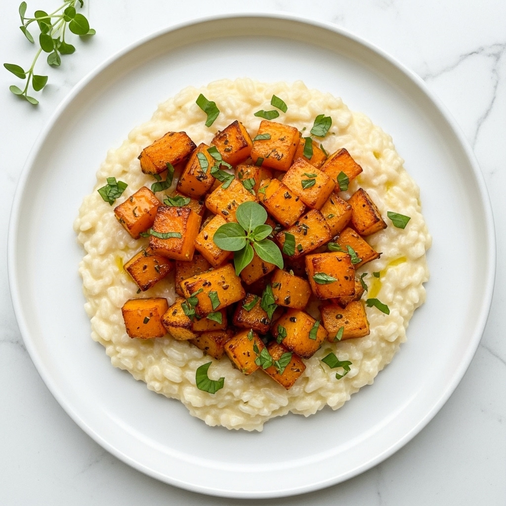 A white plate holds a creamy risotto base with soft, plump grains in a light beige color, showing a smooth and slightly glossy texture. On top, there is a layer of caramelized, golden-brown chunks of roasted squash, which appear slightly crisp on the edges and tender inside. The dish is sprinkled with finely chopped green herbs, scattered over the risotto and squash, adding a fresh contrast. A small sprig of fresh thyme crowns the center of the dish. The whole presentation sits on a white marbled surface in soft lighting, creating a warm and inviting look. photo taken with an iphone --ar 4:5 --v 7