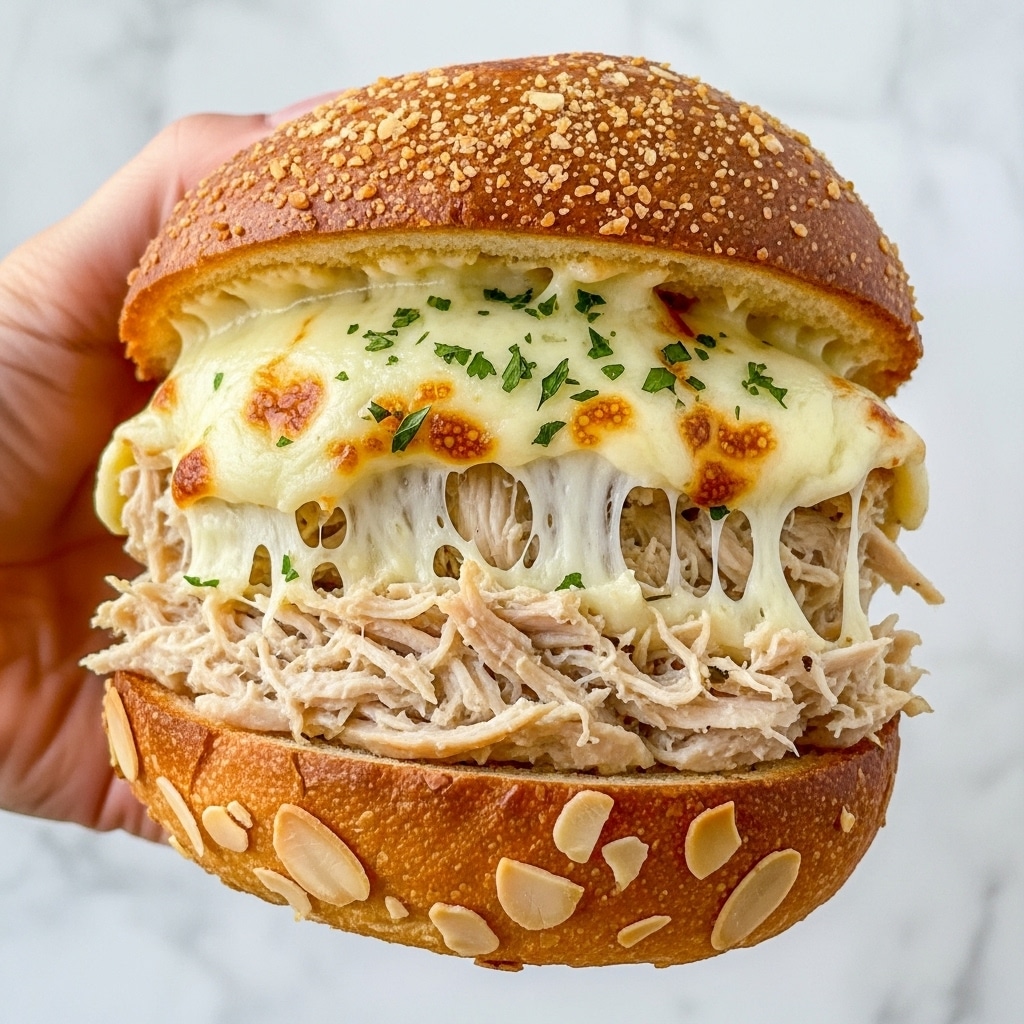 A close-up image shows a toasted sandwich held by a woman's hand. The sandwich features a crusty, dark golden-brown bread with a rough, textured crust flecked with almond slices. Inside, there is a thick bottom layer of shredded chicken, pale beige in color. Above the chicken, there is a generous layer of melted cheese that is light yellow with some browned spots and stretch marks, dotted with tiny green herbs and small red bits. The cheese looks gooey and creamy, stretching slightly as the sandwich is pulled apart. The background has a white marbled texture. photo taken with an iphone --ar 4:5 --v 7