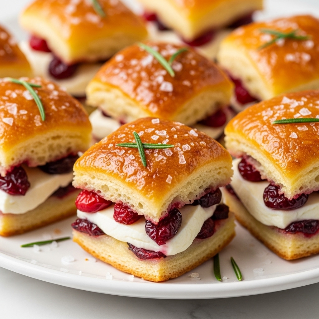 The image shows close-up golden cubes of toasted bread layered with melted cheese on top, each piece sprinkled with salt crystals. Between the bread cubes, there are deep red cranberry pieces and fresh green rosemary sprigs visible. The texture of the bread looks crispy and soft inside. All this is placed on a white plate, resting on a white marbled surface. Photo taken with an iphone --ar 4:5 --v 7