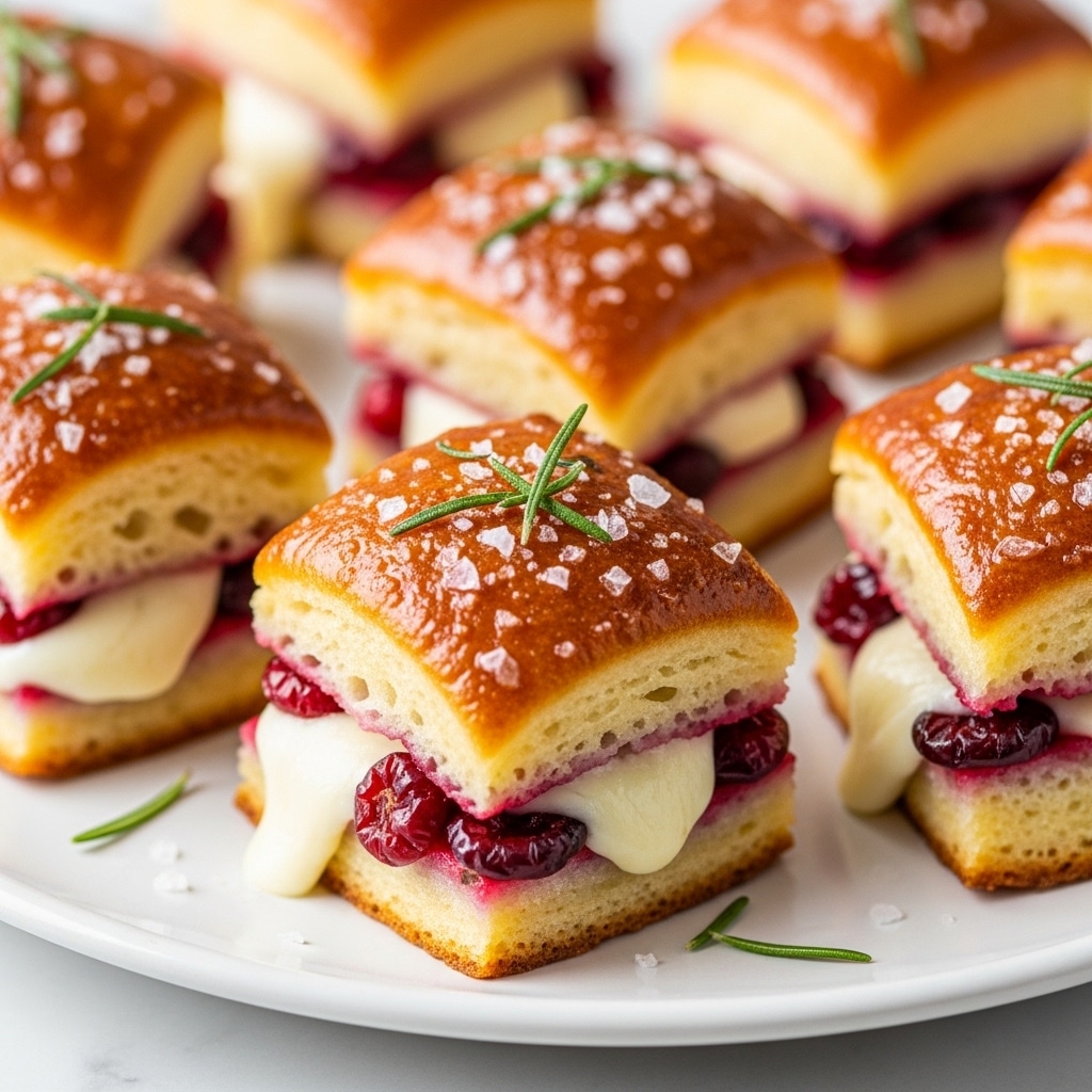 The image shows a close-up of golden brown baked bites with a shiny, slightly crispy top sprinkled with coarse salt. These bite-sized pieces are layered with soft, melted white cheese, shiny red cranberry pieces nestled between the cubes, and small sprigs of fresh green rosemary scattered on top. The texture of the bites looks soft inside but crispy on the outside. All the pieces are on a white plate, set on a white marbled surface, with soft lighting highlighting the glistening cheese and vibrant red cranberries. Photo taken with an iphone --ar 4:5 --v 7