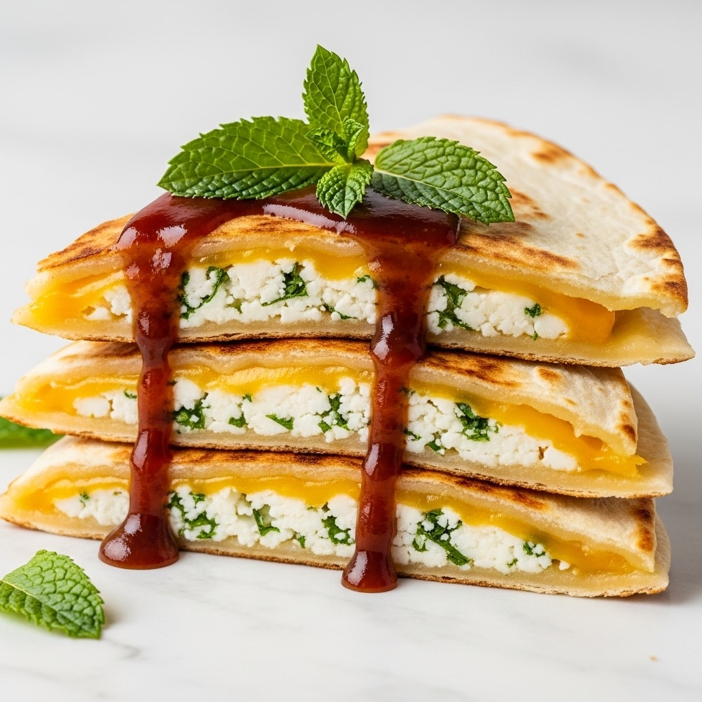 The image shows a stack of quesadilla pieces arranged in three layers on a wooden board. Each quesadilla piece has a golden-brown crispy outer tortilla layer with a grilled texture. Inside, there are white creamy cheese layers mixed with orange melted cheese chunks, and some green herbs sprinkled throughout. A thick dark brown sauce is dripping slowly over the edges and pooling slightly on the board. The topmost layer is garnished with fresh green mint leaves and more herbs, with a soft glowing background of warm blurry lights. The surface beneath the wooden board is a white marbled texture. Photo taken with an iphone --ar 4:5 --v 7