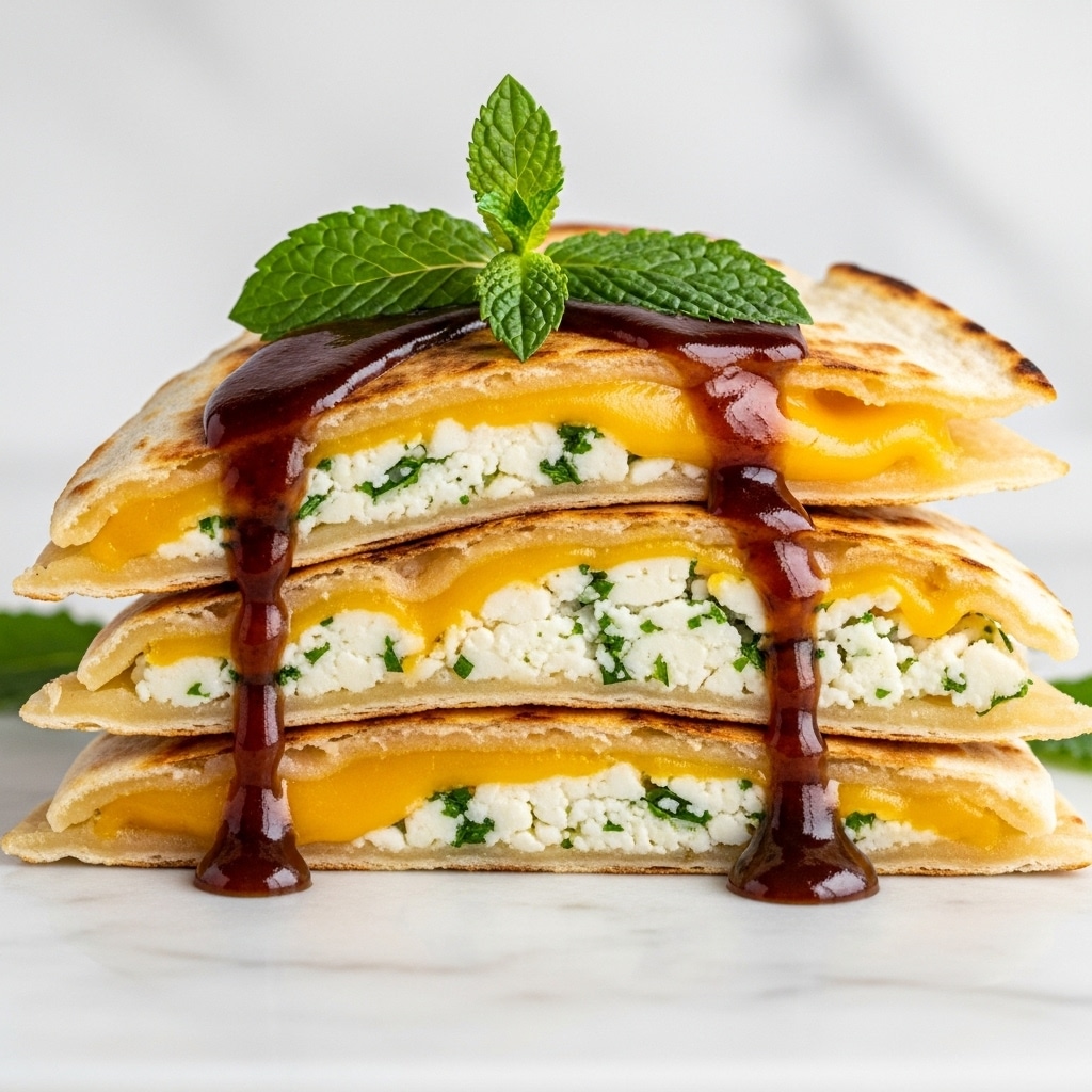 The image shows a stack of three grilled quesadilla triangles on a white marbled surface, each triangle made of a thin, toasted tortilla layer that is golden brown and slightly crispy. Inside each layer, there is a visible bright yellow melted cheese layer and a white crumbly cheese layer with small green herb bits scattered throughout. The quesadillas are topped with a glossy dark brown sauce dripping down the sides and fresh green mint leaves placed on top. The edges of the tortilla are slightly browned and textured, giving a rustic, homemade look. Photo taken with an iphone --ar 4:5 --v 7