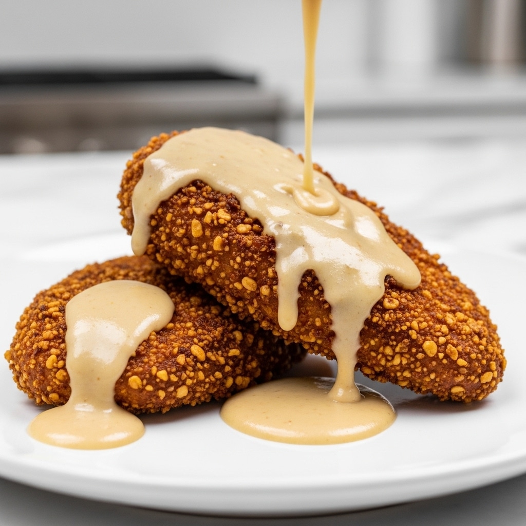 A close-up of two thick, crispy breaded chicken pieces with a golden brown nutty crust that looks crunchy and uneven. They are placed on a white plate with smooth beige gravy poured over the top and slightly dripping down the sides, forming small pools around the chicken. The background is a soft blur, showing a modern kitchen setting with a white marbled texture surface. photo taken with an iphone --ar 4:5 --v 7