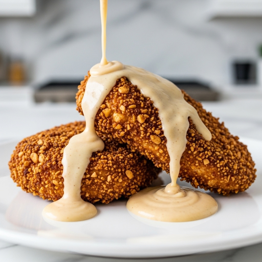A close-up view of two pieces of crunchy, golden-brown breaded food with a rough texture, placed side by side on a white plate. Each piece is covered with a thick, creamy light brown sauce that drips down the sides and pools onto the plate, showing a smooth and slightly glossy surface. The background features a blurred room with a soft light, and the plate rests on a white marbled texture. photo taken with an iphone --ar 4:5 --v 7