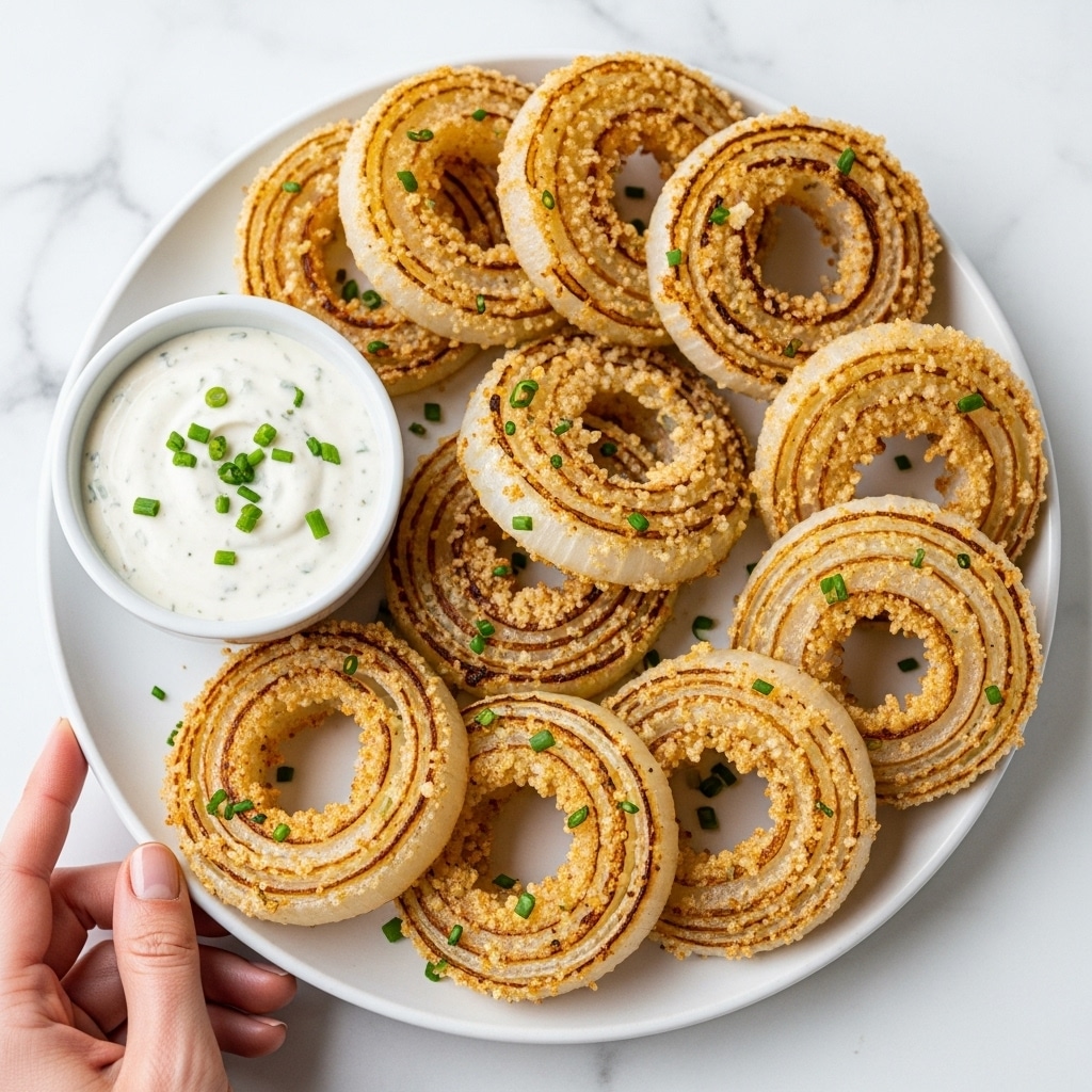 A white plate holds a stack of round, golden-brown onion slices that are layered with a crispy, textured coating, showing hints of light charring and sprinkled with green herbs. The onion rings are arranged closely, slightly overlapping one another. On the side of the plate is a small white bowl filled with a creamy white dipping sauce garnished with small green chive pieces. The background is a white marbled surface. A woman's hand is gently touching the edge of the plate. Photo taken with an iphone --ar 4:5 --v 7