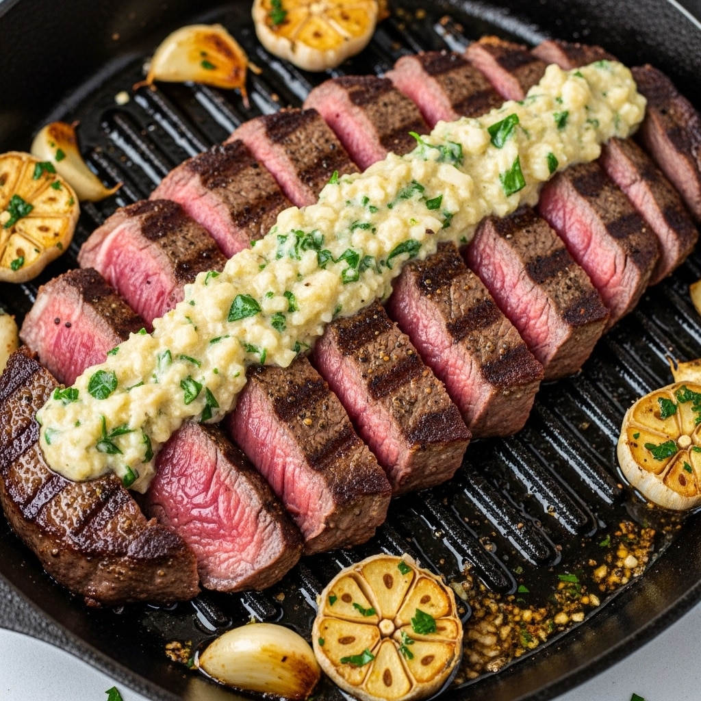A thick, juicy steak cooked medium-rare is sliced into eight pieces and laid out in a black cast iron skillet. The steak has a rich brown crust with a pink center showing in each slice. A creamy, chunky garlic herb sauce with visible green parsley is spread over the top center of the steak, running from one end to the other. Around the steak in the skillet are several golden, slightly charred garlic cloves. The edges of the skillet catch some of the melted sauce mixed with herbs, adding a glossy texture around the meat. The image is clear with tight focus on the steak, showing the grilled texture and creamy sauce details. photo taken with an iphone --ar 4:5 --v 7