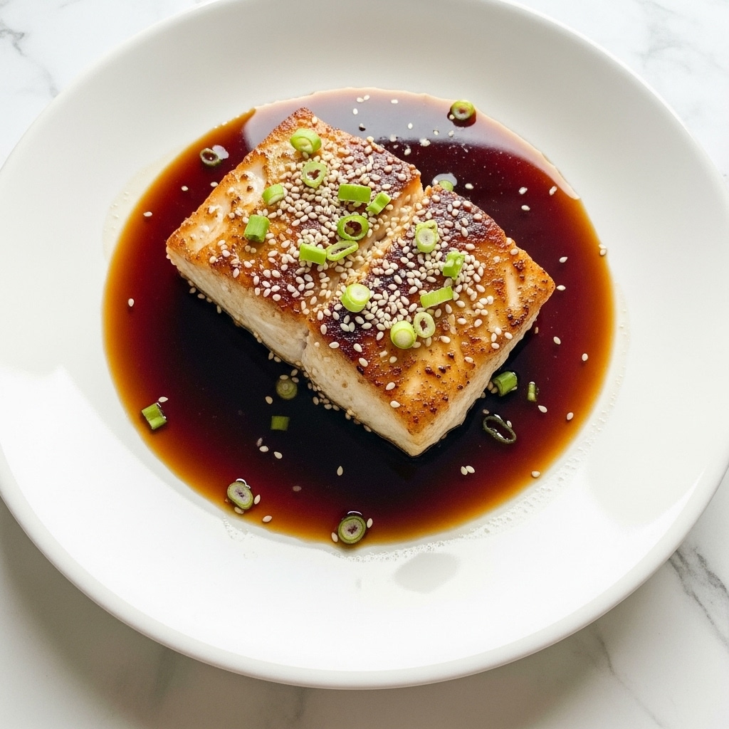 A white plate holds a single thick piece of cooked fish with a golden-brown, slightly crispy top layer sprinkled with white sesame seeds and finely chopped green onions. The fish rests in a shallow pool of dark soy-based sauce, which has a glossy, smooth texture spreading evenly across the plate. The background is a white marbled surface. photo taken with an iphone --ar 4:5 --v 7