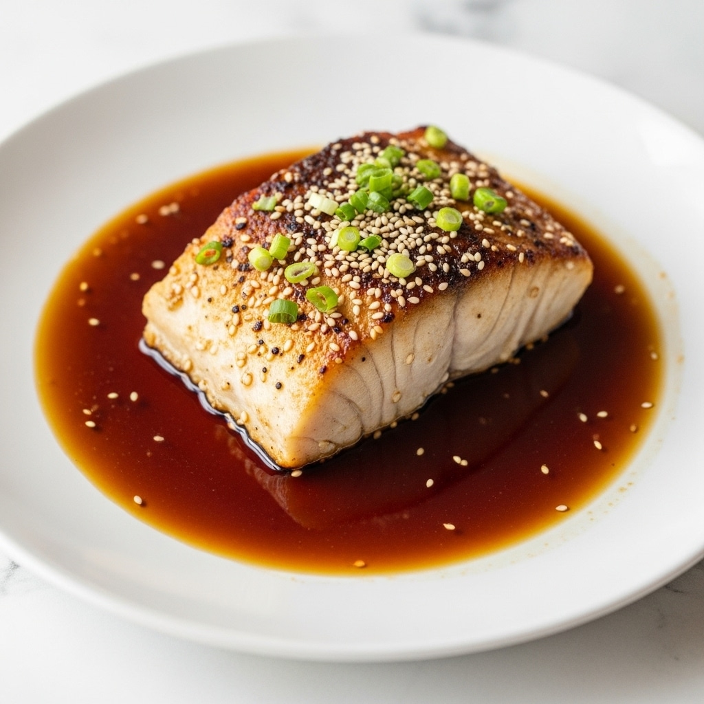 A white square plate holds a single piece of cooked fish with a light brown, slightly glossy surface from a shiny sauce covering it. The fish is topped with small green onion pieces and sprinkled with white sesame seeds. The edges of the fish are moist with sauce pooling gently around the base. The background is a white marbled surface. Photo taken with an iphone --ar 4:5 --v 7