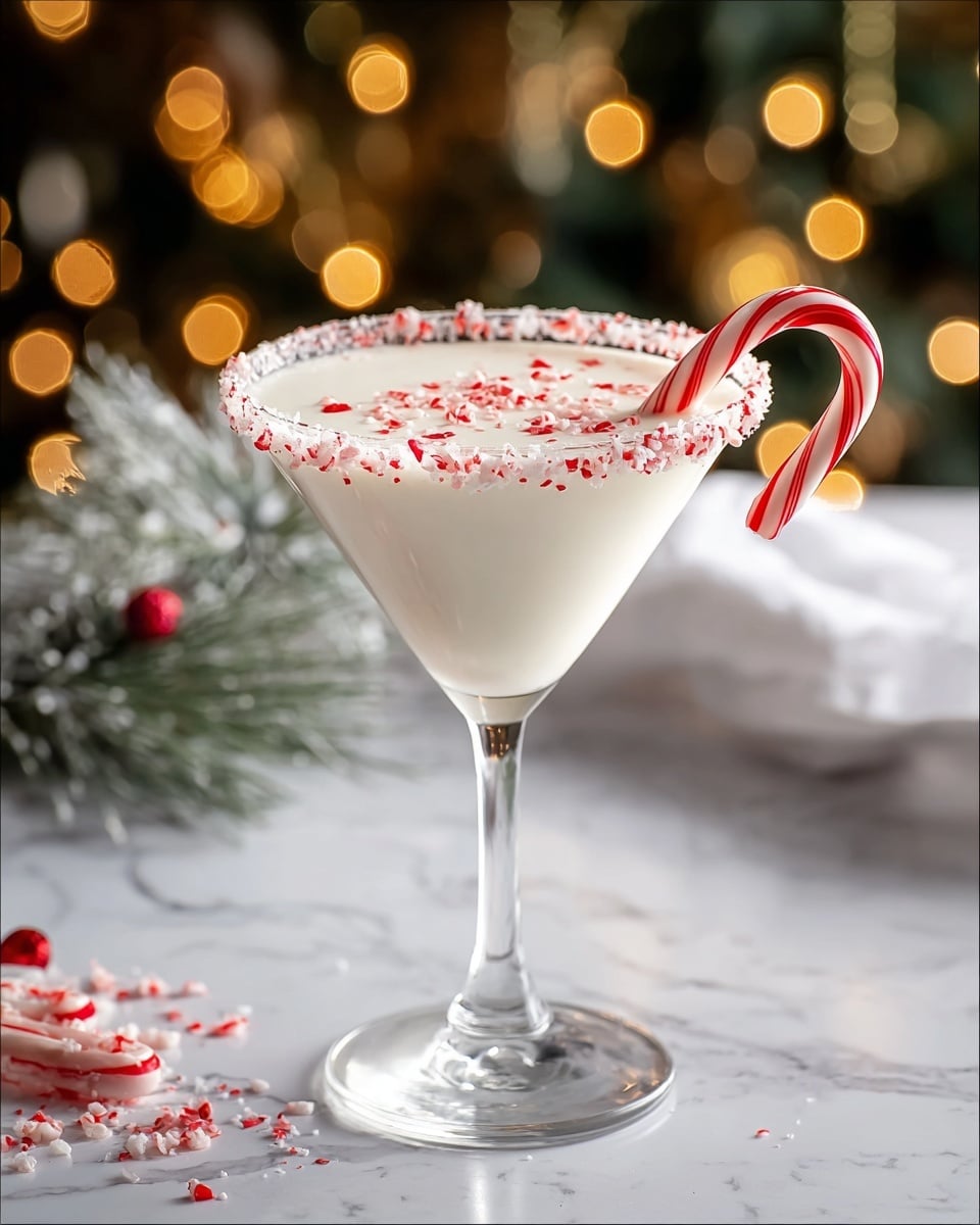 The image shows a creamy white drink served in a clear, elegant martini glass with a wide rim. The rim is coated with crushed red and white candy pieces, matching the candy cane stuck inside the drink on the right side. The drink itself is smooth, pale off-white, and topped with a light sprinkle of crushed red candy, adding texture. The glass stands on a white marbled surface dusted with some crushed candy pieces, and the background is softly blurred with sparkly decorations and a white cloth, giving a festive, cozy feel. photo taken with an iphone --ar 4:5 --v 7